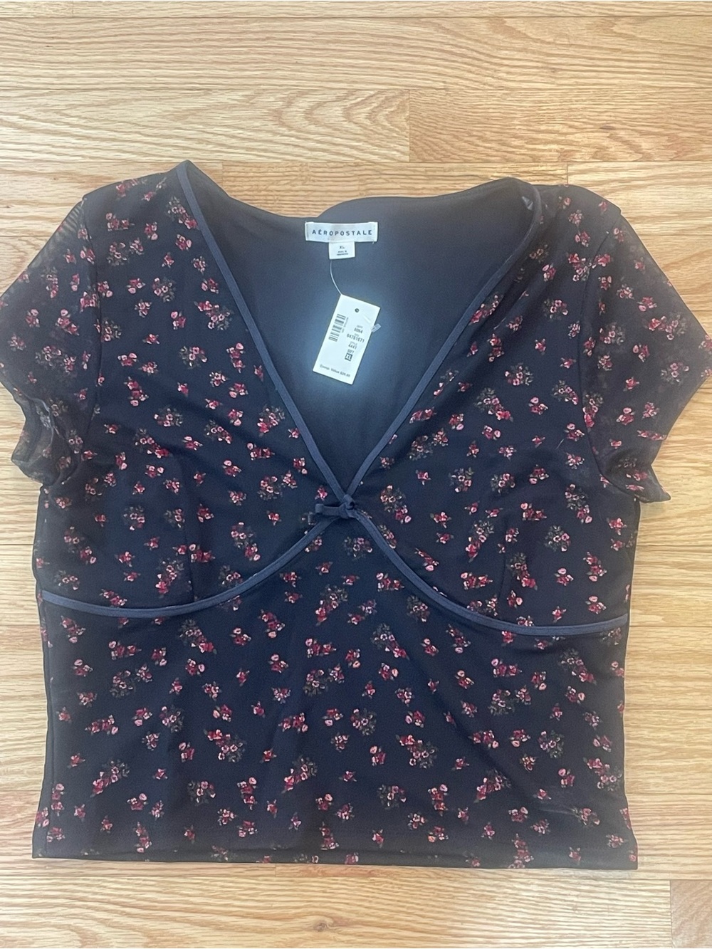 Aeropostale Black Crop Top with Pink Floral Print and Tie Front